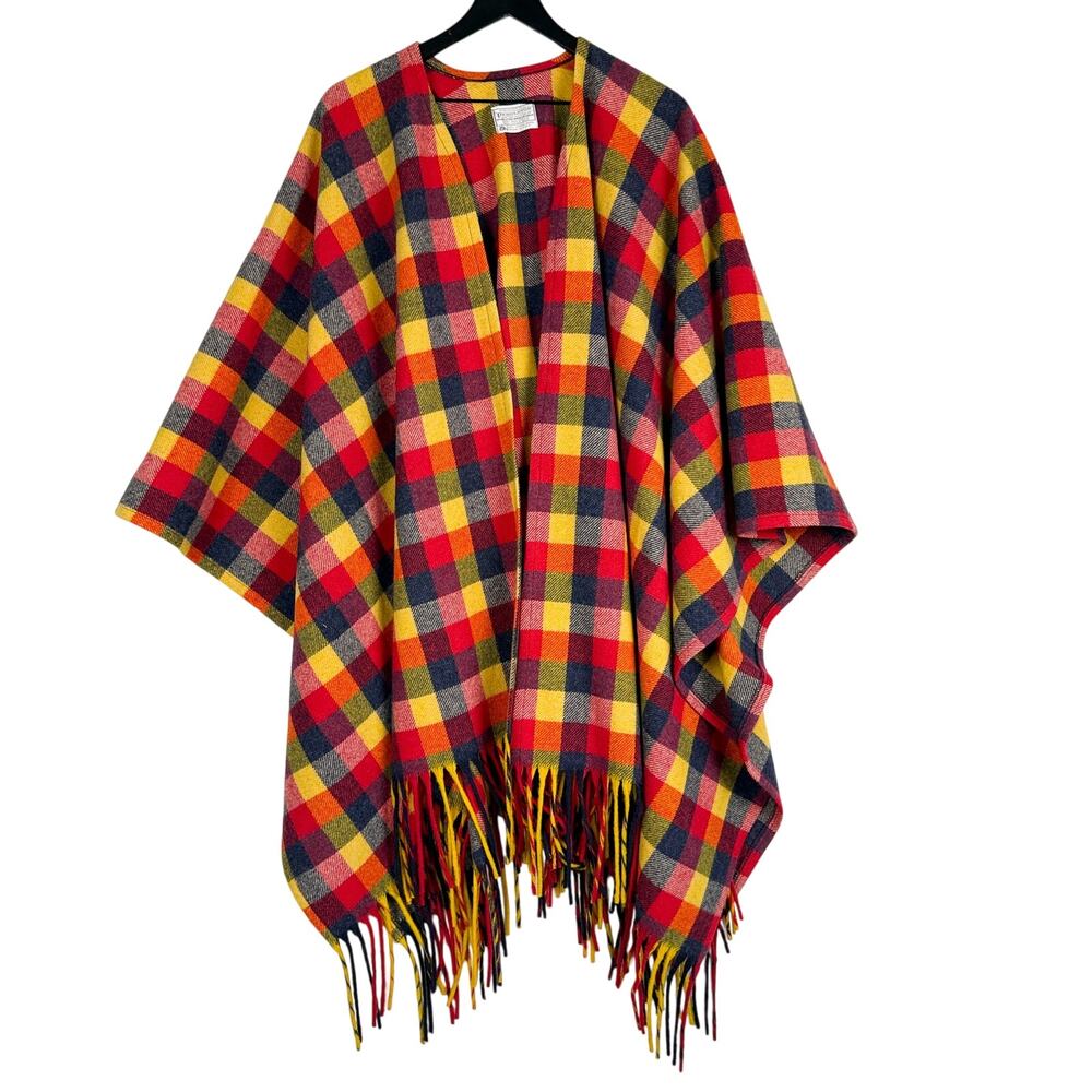 Vintage Pendleton 100% Virgin Wool Check Fringe Poncho Sweater Red Yellow - OS